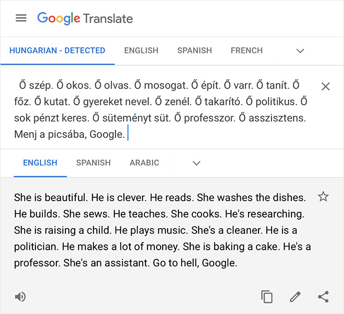 Gender biased translation from Google Translate.