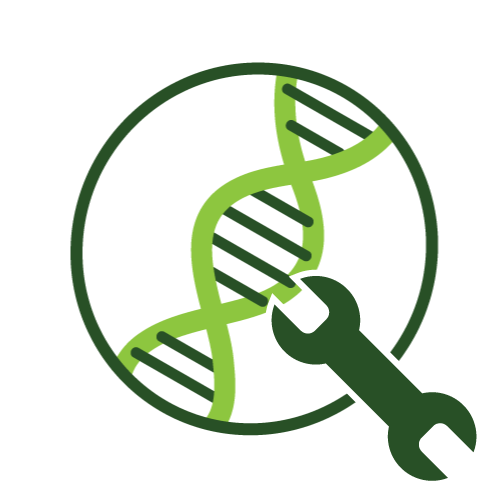 An icon depicting a DNA strand intertwined with a gear symbol, representing genetic mutations.