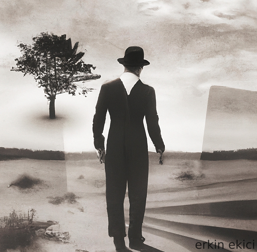 A surrealistic illustration of a man in suit with distant tree.