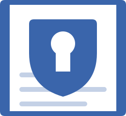 A minimalist shield icon in blue with a white keyhole cutout, positioned over horizontal lines suggesting pages of a book or document, all contained within a square frame